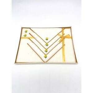 Vintage Embroidered Floral Applique Yellow Trim Placemats & Napkins ~NOS 8piece